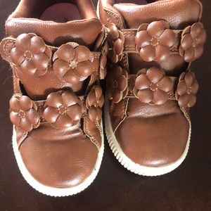 Carters girls Brown leather slip on shoes with flower Velcro straps- size 9